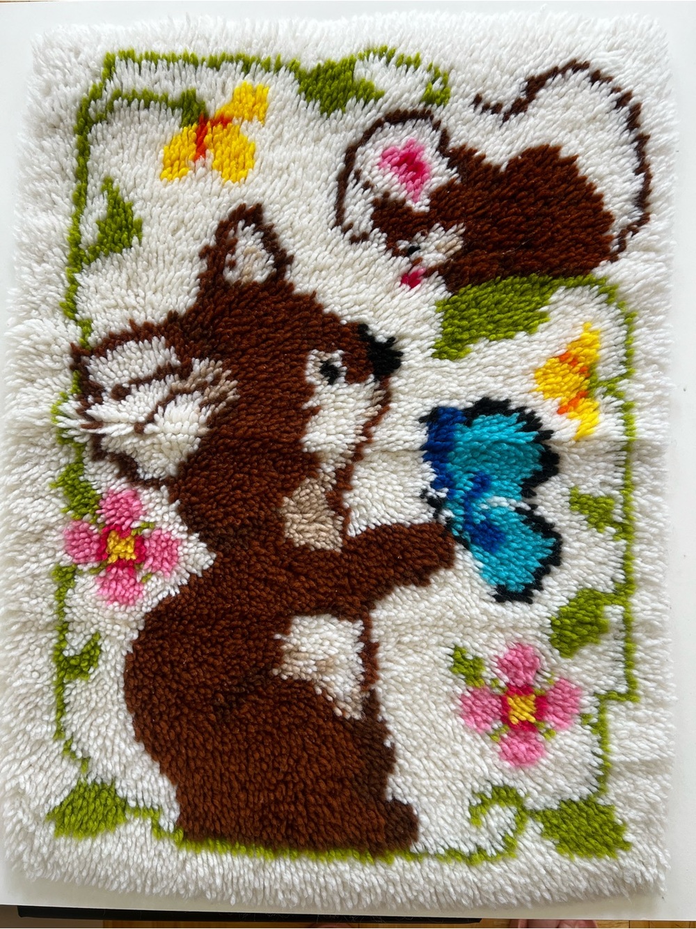 Vintage 70s Latch Hook Bath Mat Wall Hanging Butterfly Flowers Animals Handmade